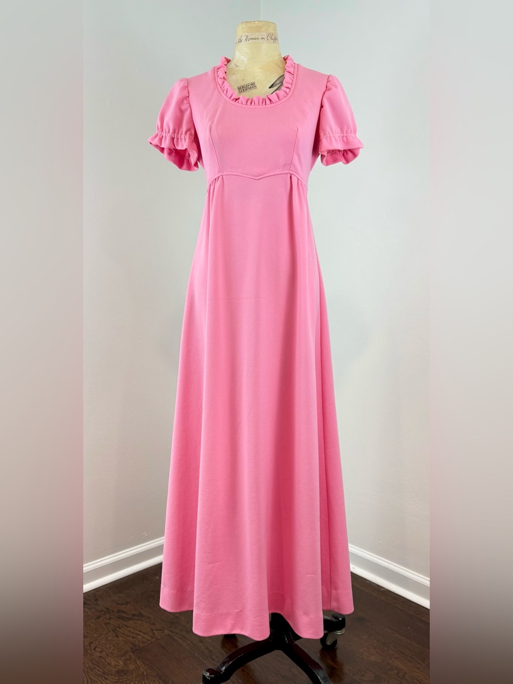Vintage 1970s Pink Ruffled Neck Empire Waist Maxi Dress
